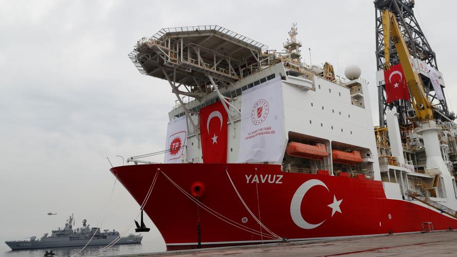 Turkish Navy frigate TCG Fatih (F-242) is seen next to Turkish drilling vessel Yavuz at Dilovasi port in Kocaeli