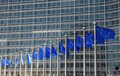 Illustration Picture showing the EU flags in front of  the European Commission headquarters in Brussels